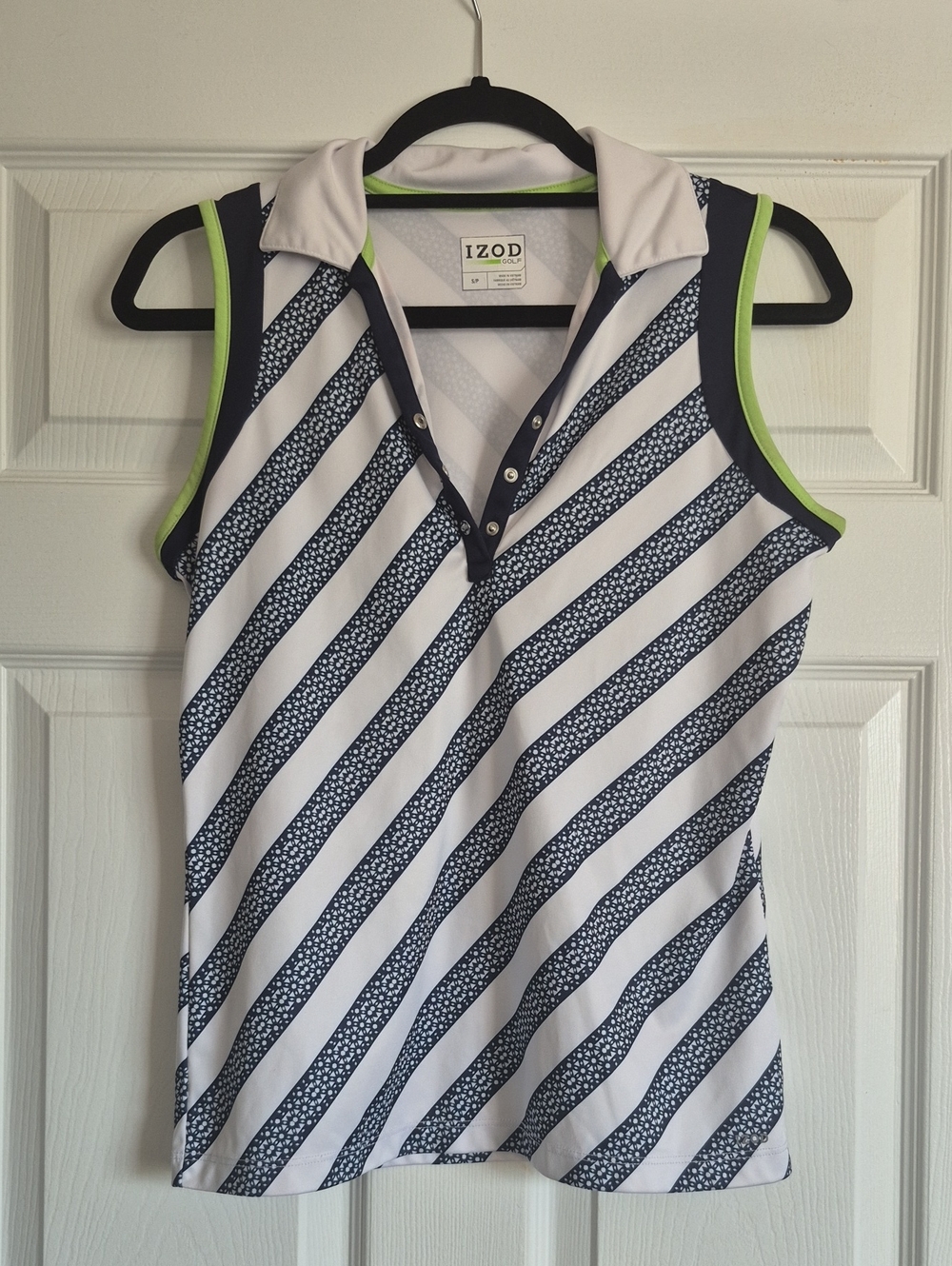 Izod Navy & White Diagonal Stripe Sleeveless Polo with Lime Trim